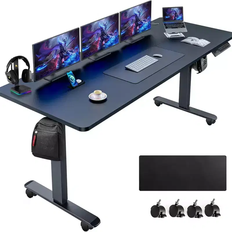 Electric Standing Computer Desk Adjustable Height 63x24 with Outlet, Rolling Wheels, Dual-Beam Frame and Mouse Pad