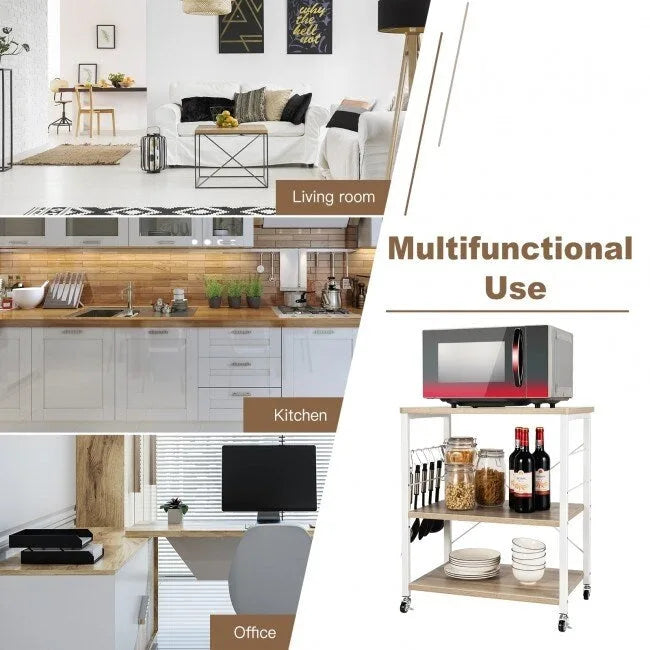 Rustic Brown 3-Tier Rolling Baker's Rack Microwave Cart with S-Hooks