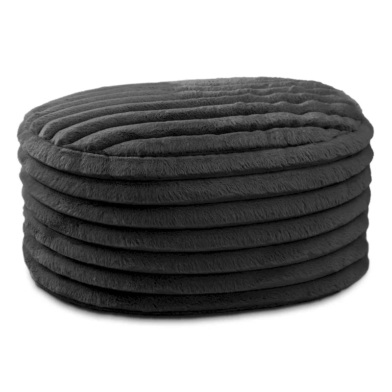 Large Ribbed Faux Fur Plush Pouf Ottoman, 35 Inch, Black