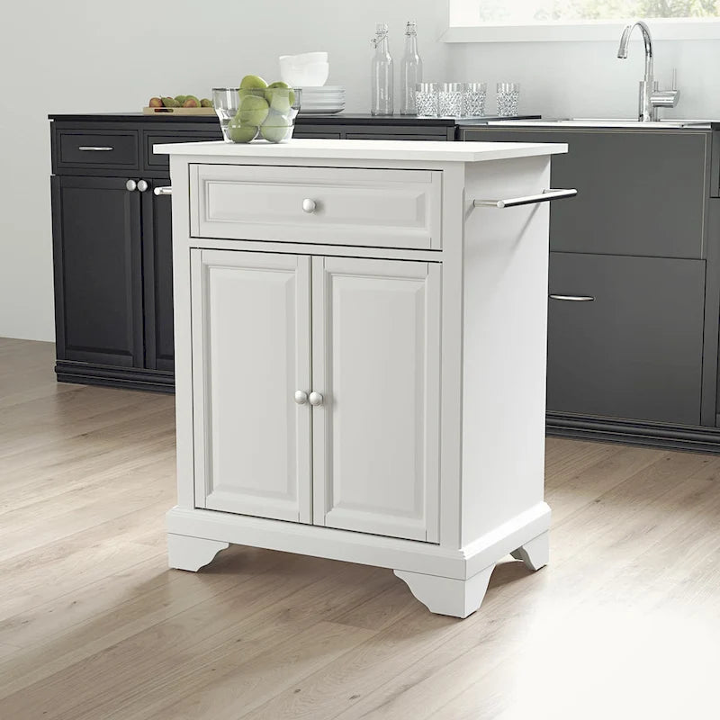 White Portable Kitchen Island with White Granite Top Drawer Cabinet and Towel Bars