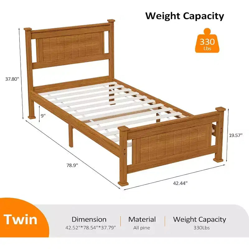 VINGLI Twin Bed Frame Solid Wood Platform Bed Frame ,Wood Slat Support Mattress Foundation, Brown