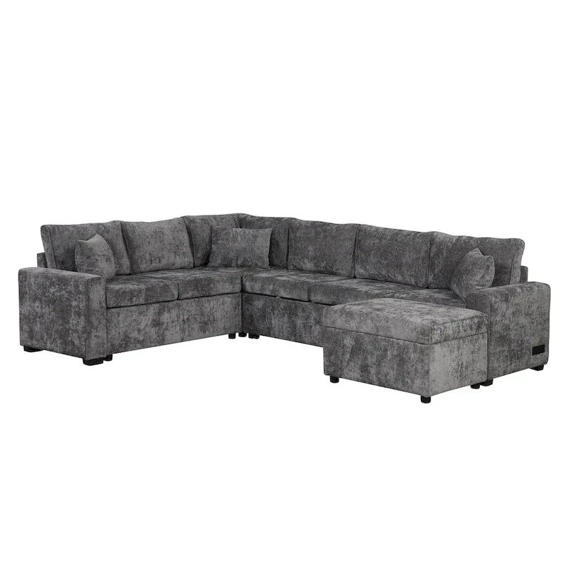 Chenille Sectional Sofa Pull-out Sofa Bed, L-Shape Sleeper Sofa with Storage Ottoman, 3 Pillows and Charging Devices