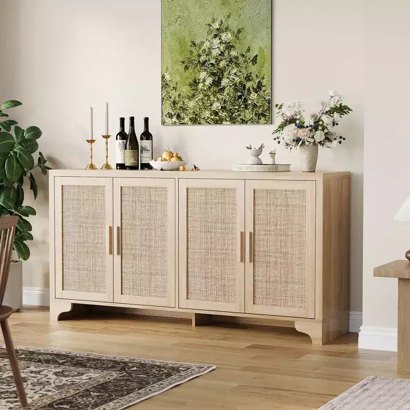 62 Inch Rattan Sideboard Buffet Cabinet, 4-Door Kitchen Storage Cabinet with Shelves