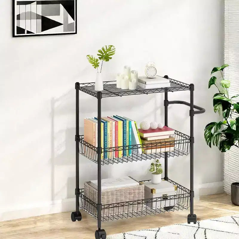 3 Tier Adjustable Heavy Duty Utility Cart On Wheel, Steel Kitchen Rolling Carts with Handle Bar