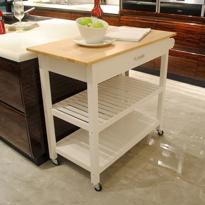 Rolling Kitchen Cart with Natural Wood Top 2 Open Shelves and Towel Rack