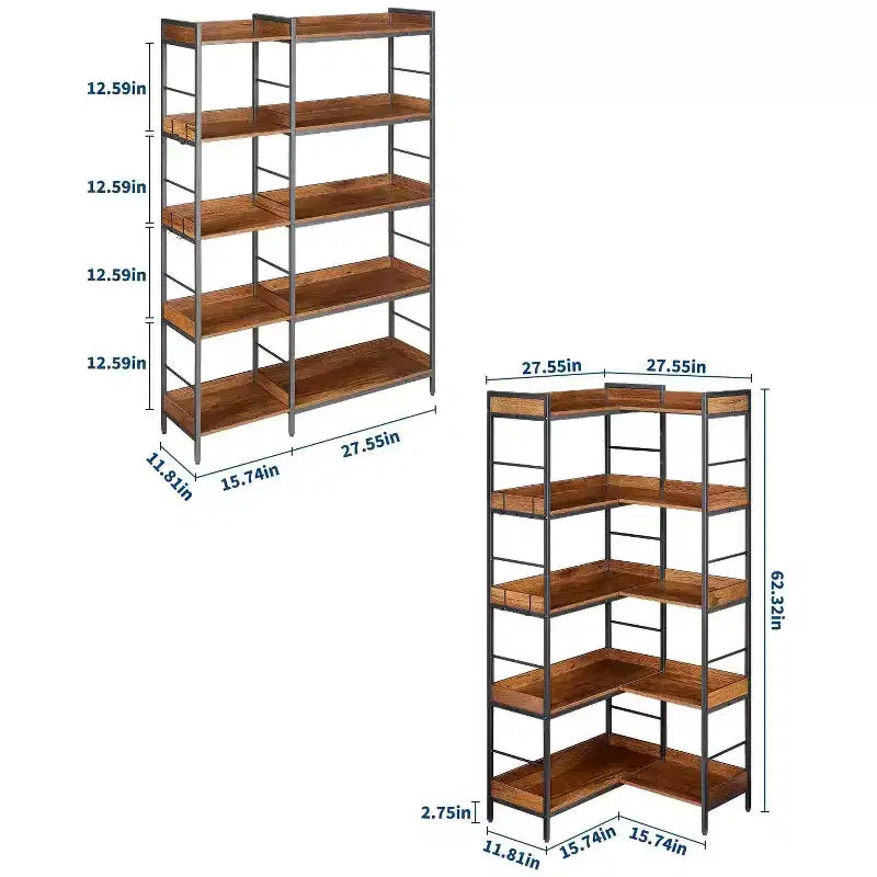 65 Reversible Corner Bookshelf  5-Tier L-Shape Industrial Bookcase with 4 Hooks, Metal Frame & Open Shelves - Brown