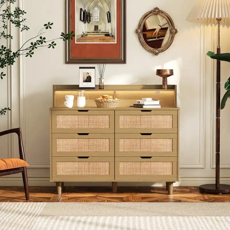 Bohemian Rattan 6-Drawer Sideboard Buffet with Adjustable LED Lights & Power Outlet
