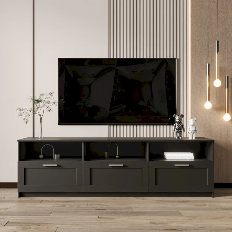 70.87 TV Stand | 3 Open Shelves & 3 Drawers | Black | High-Density Board | Fits 80 TV