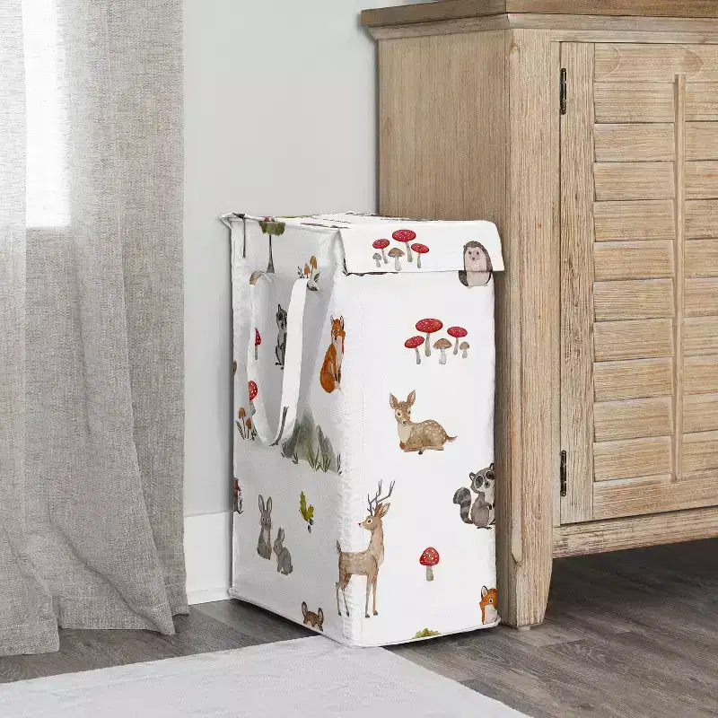 Boy, Girl, Unisex/Gender Neutral Foldable Laundry Hamper with Handles Watercolor Woodland Forest Animals Green Brown and Red