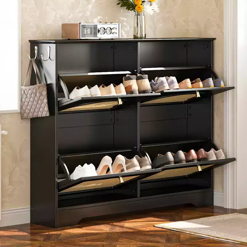 MAYEERTY Mid-Century Narrow Tipping Bucket Shoe Cabinet, 4 Flip Drawers 4 Rattan Doors 2 Silvery Hooks 42.1W, White