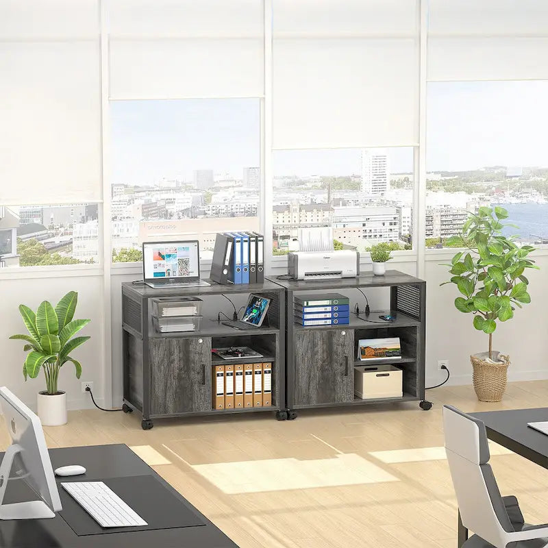 Rolling File Cabinet Lateral Office Filing Cabinets with Charging Station,Modern Printer Stand on Wheels