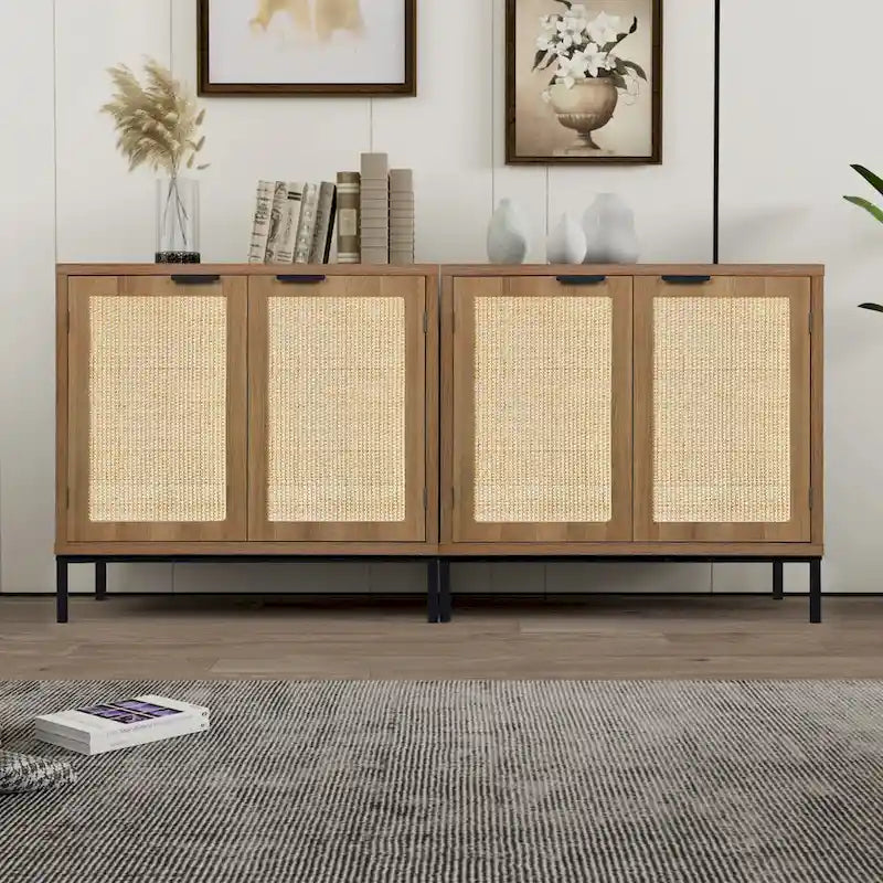 Mid-Century Modern Rattan Accent Storage Cabinet Wood Sideboard Buffet with 2 Doors