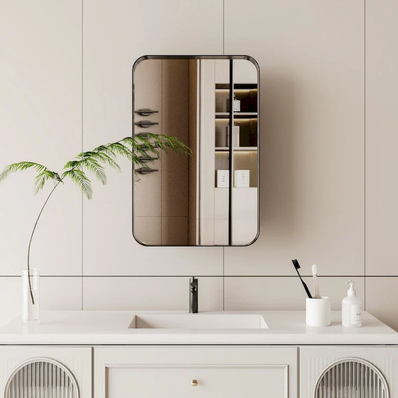 Black/White Metal Framed Recessed Medicine Cabinet with Mirror, 16x24 in
