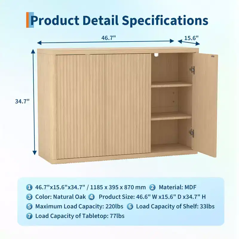 CuisinSmart 46.7 Sideboard Buffet Cabinet with 3 Doors & Adjustable Shelves, Fluted Media Console Coffee Bar Table for Dining Living Room Kitchen