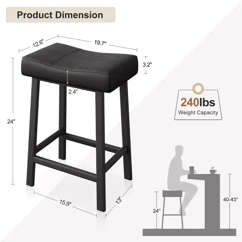 Counter Height Bar Stools Set of 2,PU Leather Barstools with Heavy Duty Metal Legs, Thick Saddle Seats Breakfast Stools