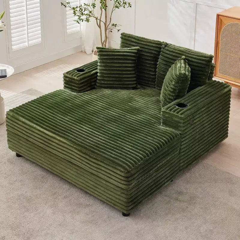 54 Oversized Chaise Lounge Chair, Upholstered Sleeper Sofa Bed with Cup Holder, Corduroy Comfy Sofa Couch for Living Room Bedroom, Green