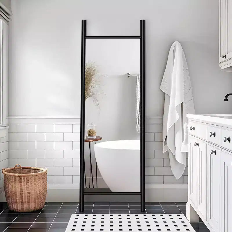 64*21 Ladder Arched Wood Framed Natural Color Full-Length Leaning Mirror