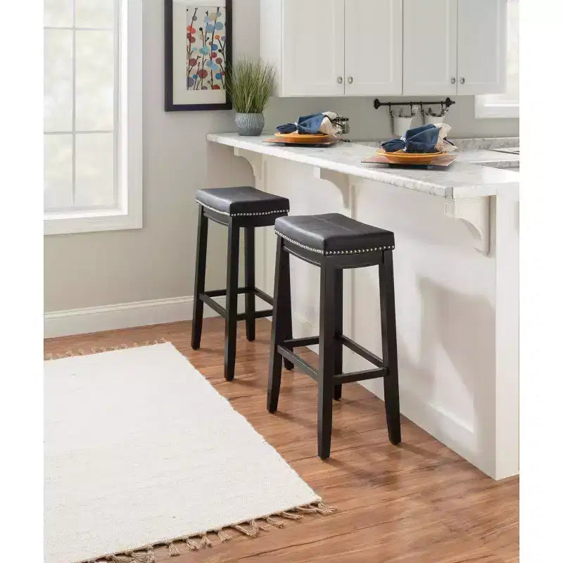 Set of 2 Faux Leather Barstools - Armless, Backless with Footrest, Fixed Height