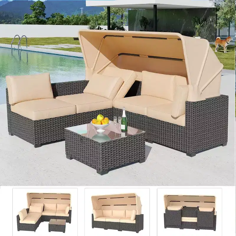 GustoWave 6 Pieces Patio Furniture Set,Wicker Patio Furniture Sofa with Retractable Canopy,Cushions and Tea Table with Storage,2 Adjustable Backrest