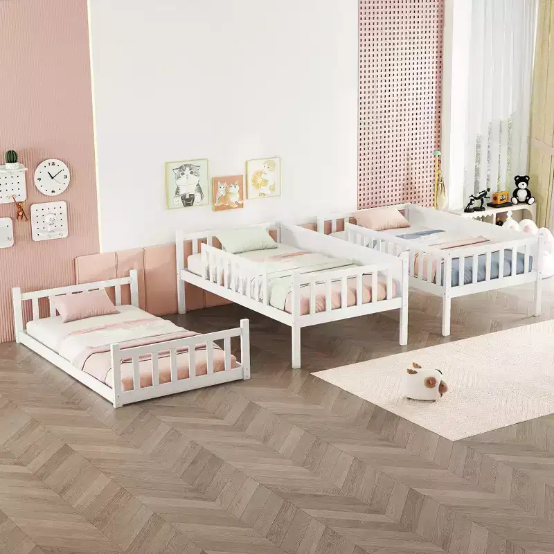 MAYEERTY Twin Size Triple Rubber Wood Bunk Bed with Ladders Guardrails Detachable Bunk Bed for Bedroom White