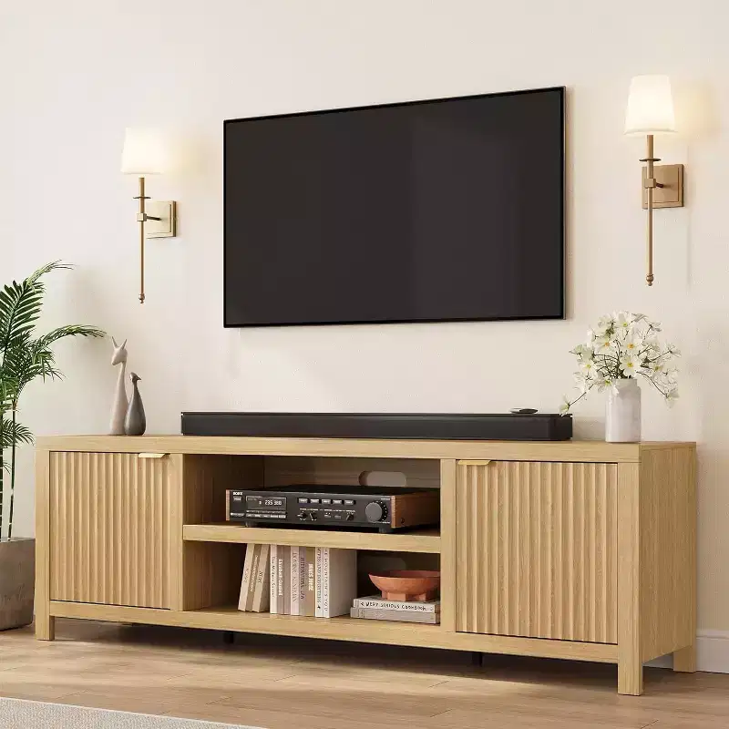 Wooden TV Cabinet with Ripple Doors and Gold Handles