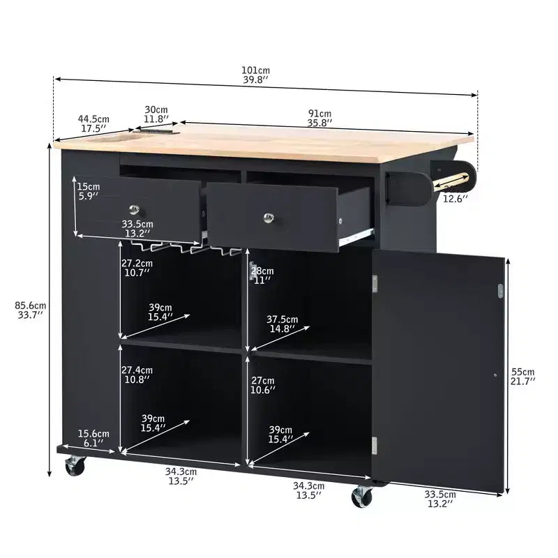 Rolling Kitchen Island with Drop Leaf and Power Outlet