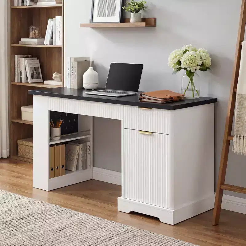 JVNOXK 55 Inch Modern Office Desk with Storage Cabinet and Drawers, Power Outlets, Pegboard, Built-in Shelves and Keyboard Tray, White