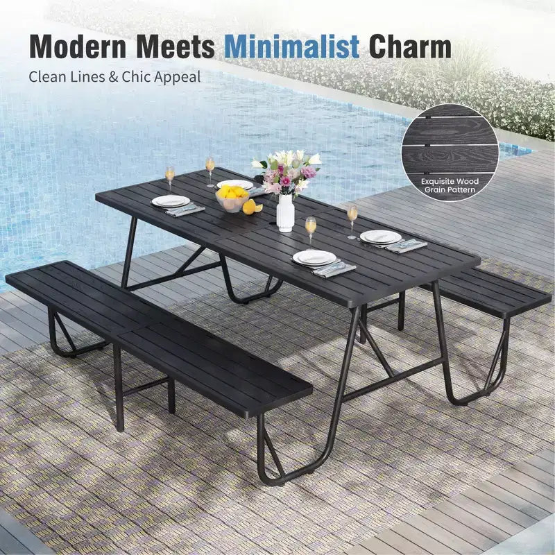Captiva Designs Outdoor Wood Grain Dining Set with A Shaped Frame Design & Umbrella Hole
