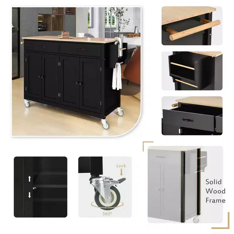 Mobile Kitchen Island Cart, Rolling Kitchen Island With 2 Drawers, 4 Doors Cabinet, Kitchen Island on Wheels for Hotel Kitchen Dinning Room