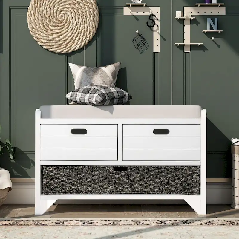 Wood Storage Bench with 1 Removable Basket & 2 Drawers, Fully Assembled Shoe Stool 32 Entryway Bench with Removable Cushion