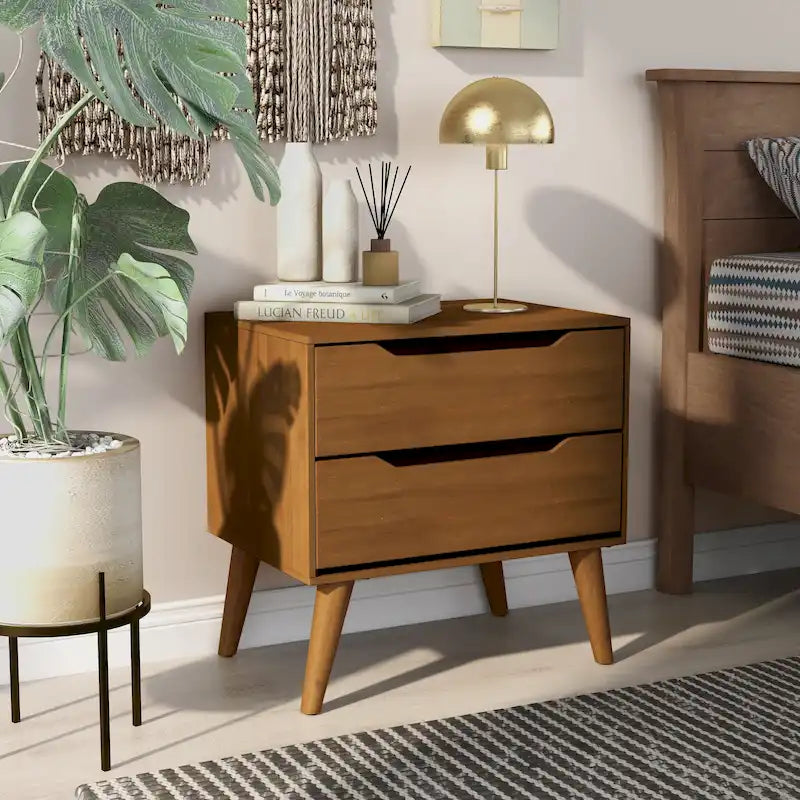 Mid-Century Modern Wood 2-Drawer Nightstand