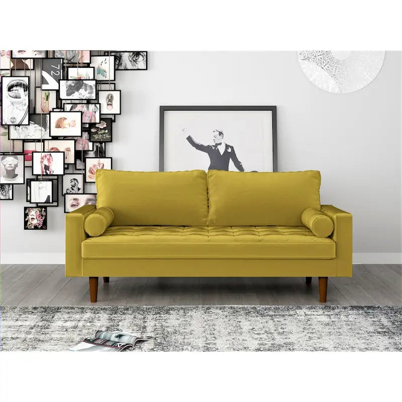 Mid-Century Modern Faux Leather Sofa with Track Arms