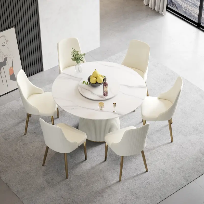 53 Round Dining Table for 6 with Sintered Stone Tabletop and Lazy Susan