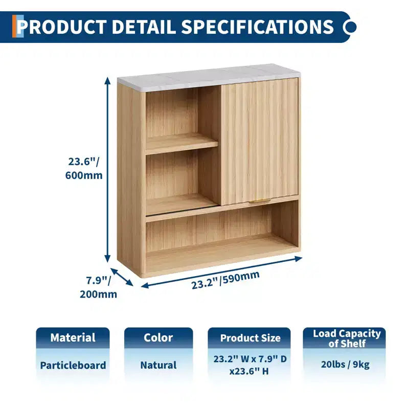 Modern Fluted Wall Cabinet with Sliding Door - Faux Marble Top & Adjustable Shelf, Curved Medicine Storage for Bathroom,Laundry Room