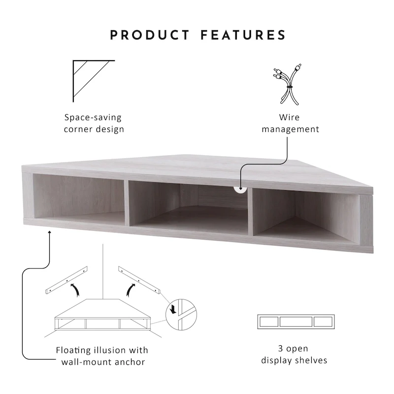 47 Corner Floating TV Stand, 3 Shelves, Transitional Style, Space-Saving Wall Mount