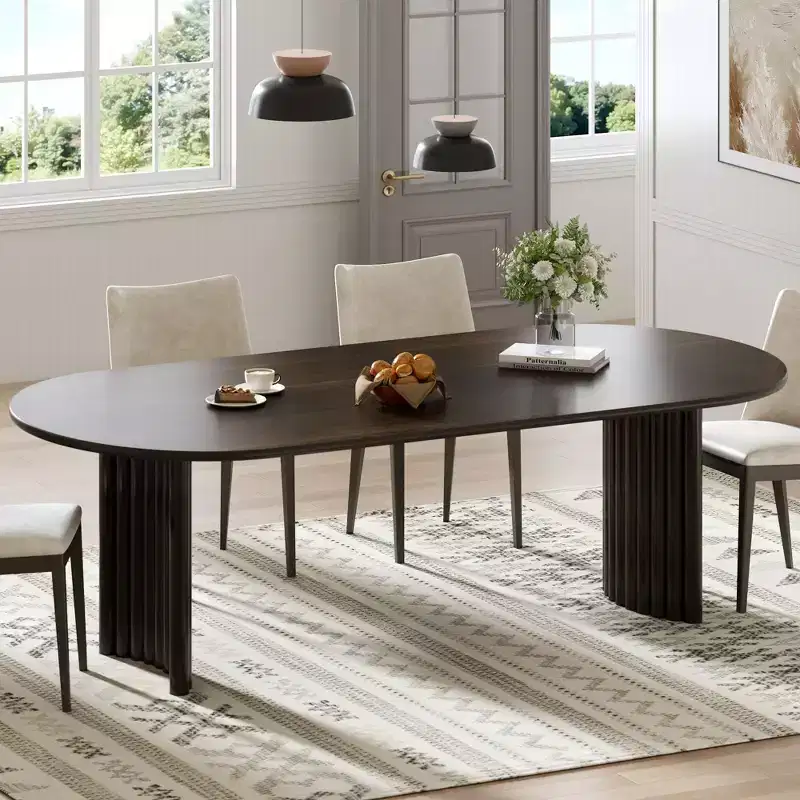 PexFix 79 Oval Dining Table for 6-8 with Arc-Shaped Edge Top and Stripes Base Modern Farmhouse Kitchen Table for Living Room Dining Room Walnut
