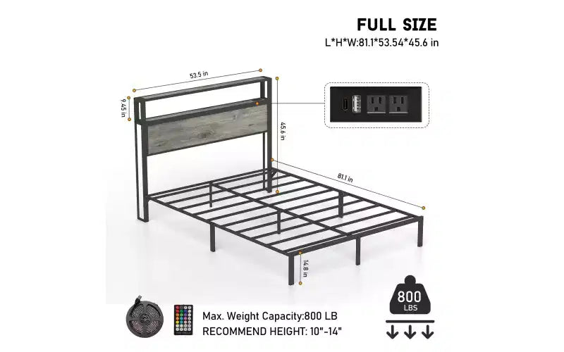 Bellemave Platform Bed Frame with LED Light, USB Charging Station & Headboard, Grey.