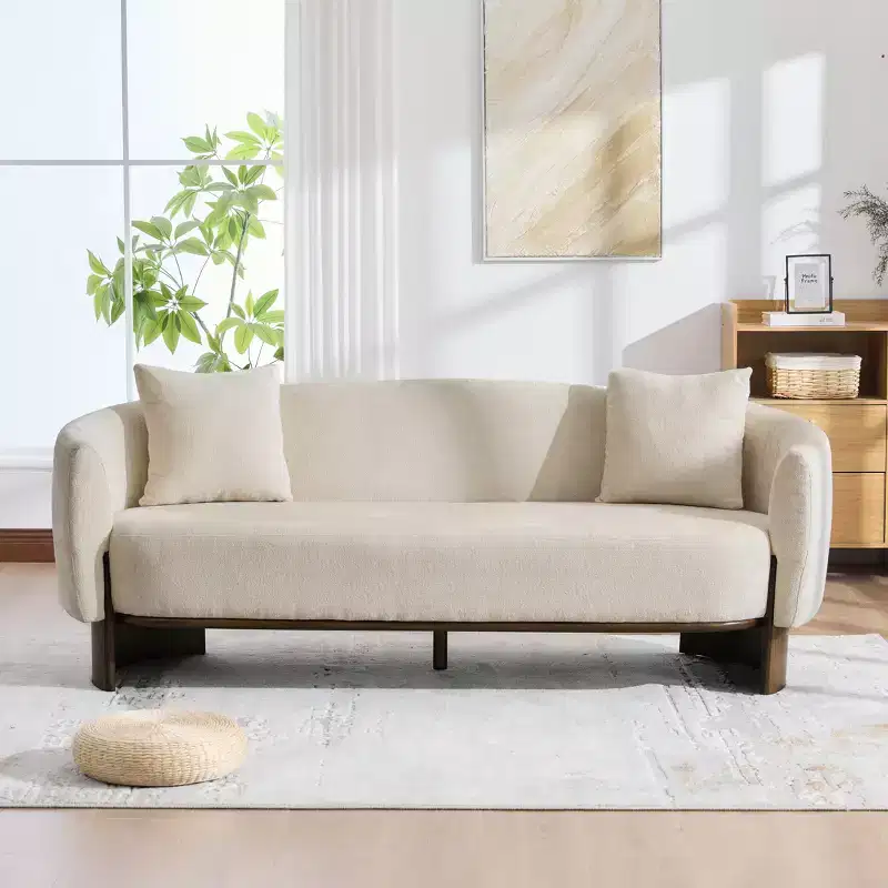 GDFStudio Kyro 81'' Modern Boucle Upholstered 3-Seater Sofa with Wooden Base and Pillows