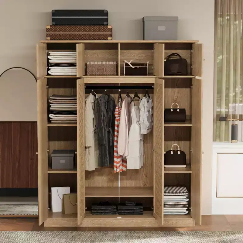 Armoire-penderie grande capacité 70,87 cm de haut, 8 portes, avec tringle, étagères réglables et portes décoratives en rotin