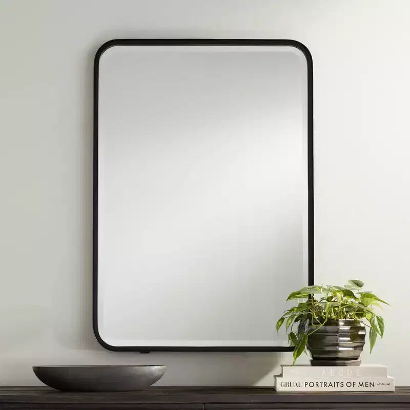Rounded Edge Rectangular Vanity Wall Mirror Modern Beveled Black Iron Frame 24 Wide for Bathroom Bedroom Living Room Home Entryway