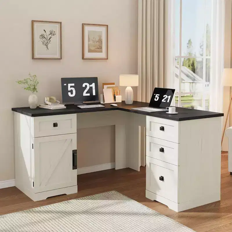 60 L Shaped Executive Desk,Rustic Home Office Corner Computer Desk with File Drawers Adjustable Storage Cabinet, Large Workstation for Study Gaming