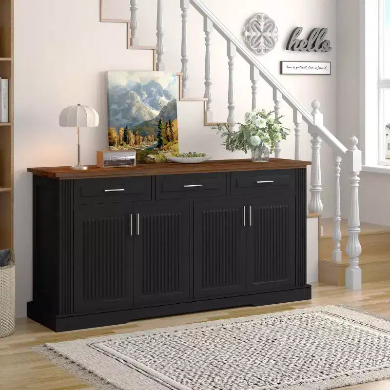 63 Modern Fluted Sideboard Buffet Cabinet, 4 Doors and 3 Drawers, Kitchen and Dining Storage Cabinet for Living Room or Entryway-Panipeachy