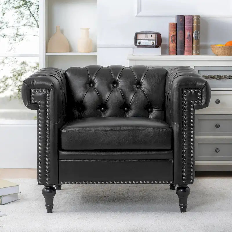 PU Leather Accent Arm Chair with Silver Stud Trim and Wood Legs