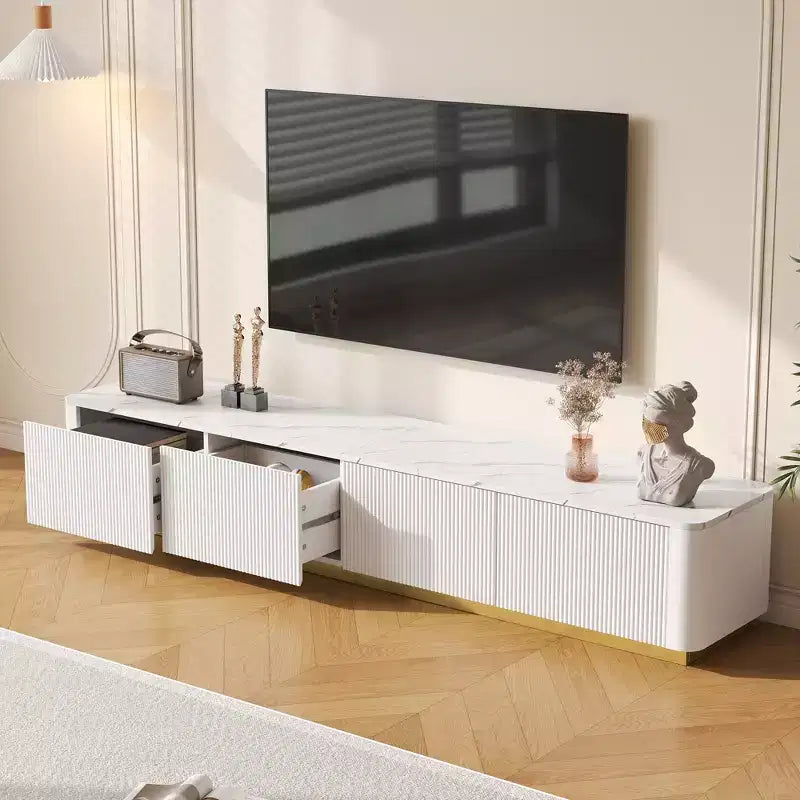 JVNOXK Luxury Fluted TV Stand for TVs Up to 85, Faux Marble Tabletop Media Console with 4 Drawers, Curved Profile Design, White