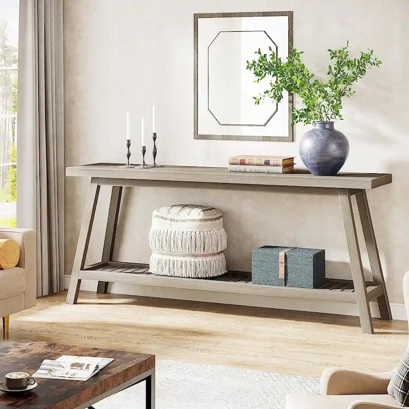 70.9 Inches Farmhouse Console Entryway Table, 2-Tier Grey Sofa Tables