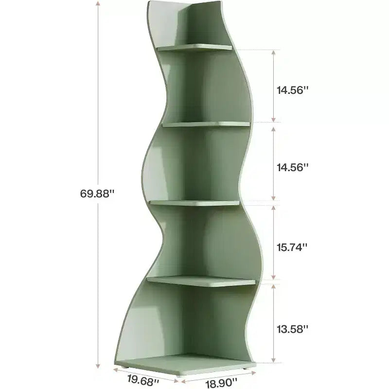 Lantine Wavy Corner Shelf, Modern 5-Tier Bookshelf Bookcase with Curvy Shape, Unique Plant Stand Display Rack for Living Room Small Space (Green)