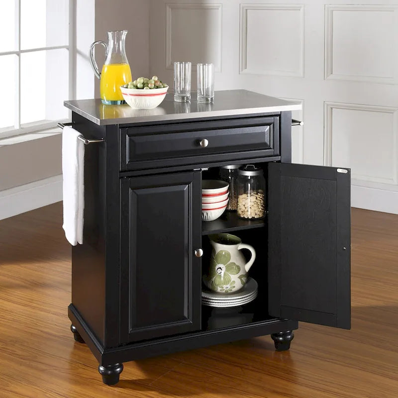Black Portable Kitchen Island with Stainless Steel Top Cabinet Drawer and Towel Bars
