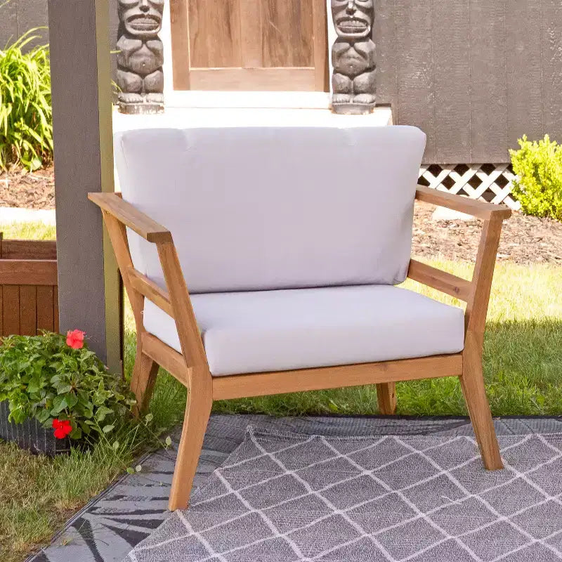 Sunnydaze Bodie Acacia Wood Patio Armchair with Bone White Cushions - Natural
