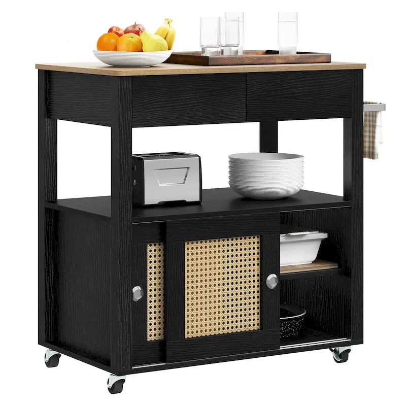 Rolling Rattan Door Kitchen Island Cart with Drawer Open Shelf and Storage Cabinet