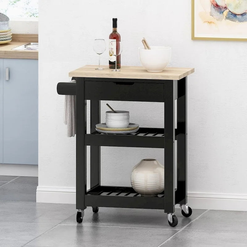 Compact Rolling Kitchen Cart with Rubberwood Top Drawer 2 Slatted Shelves and Towel Rack
